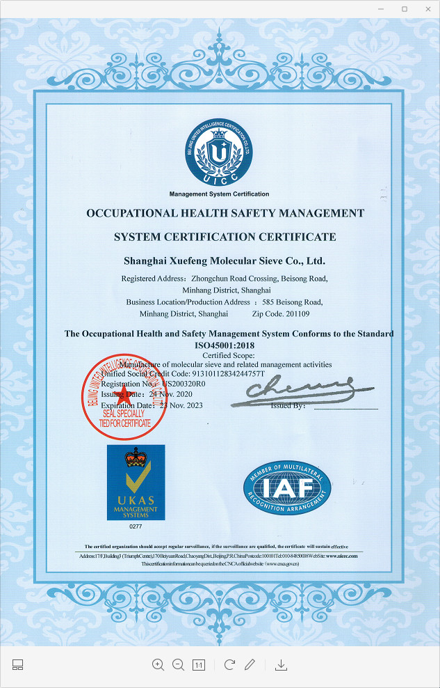 Chiny Shanghai Snowpeak Molecular Sieves Co. Ltd Certyfikaty